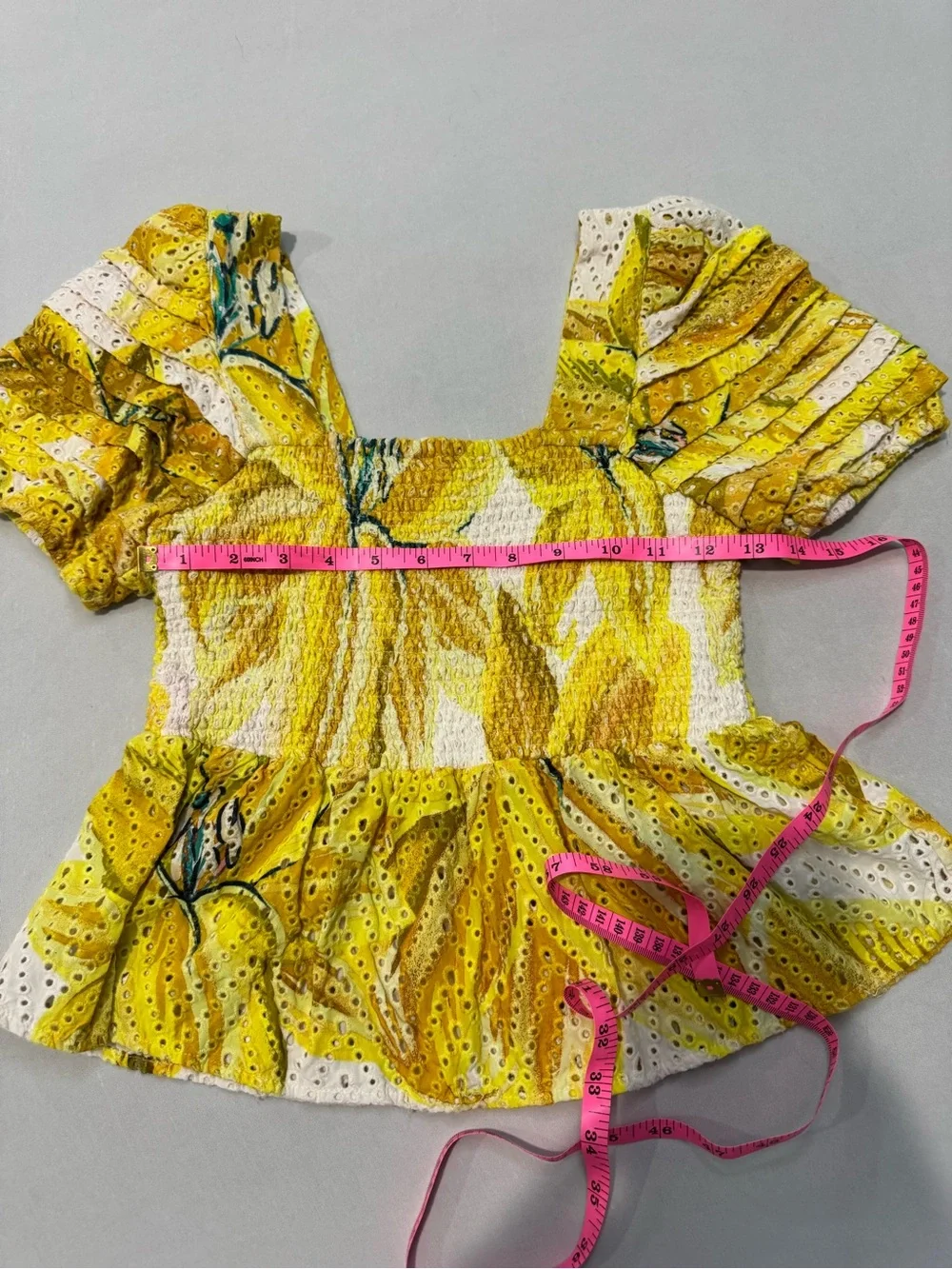 FARM Rio Azalea Yellow Floral Eyelet Smocked Peplum Top M